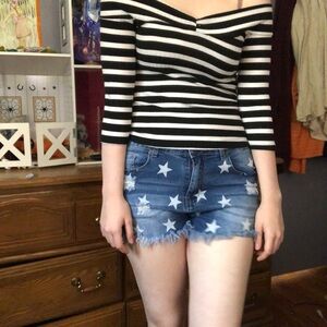Zara Black and White Striped Off-Shoulder Top